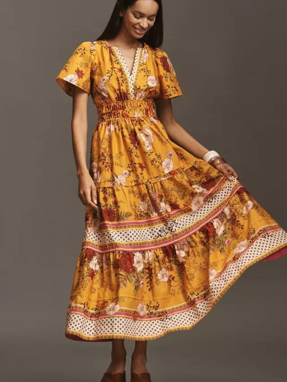 Anthropologie Mustard Floral Smocked Maxi Dress